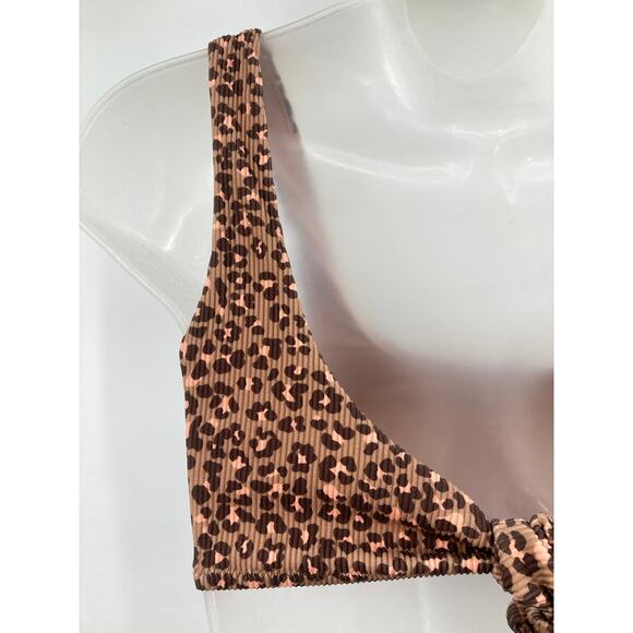 Aerie Ribbed One Shoulder Brown Pink Bikini Top Animal Print S/M Padded - Picture 4 of 10